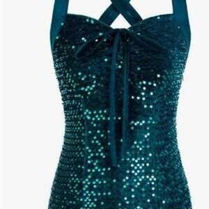 Belle Poque Pinup Rockabilly Sequin Halter Top- Teal Velvet